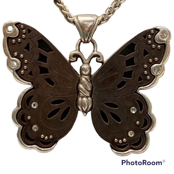 Brighton Jewelry - Brighton carved wooden and silver tone pendant with chain, 17” chain with 2” ext